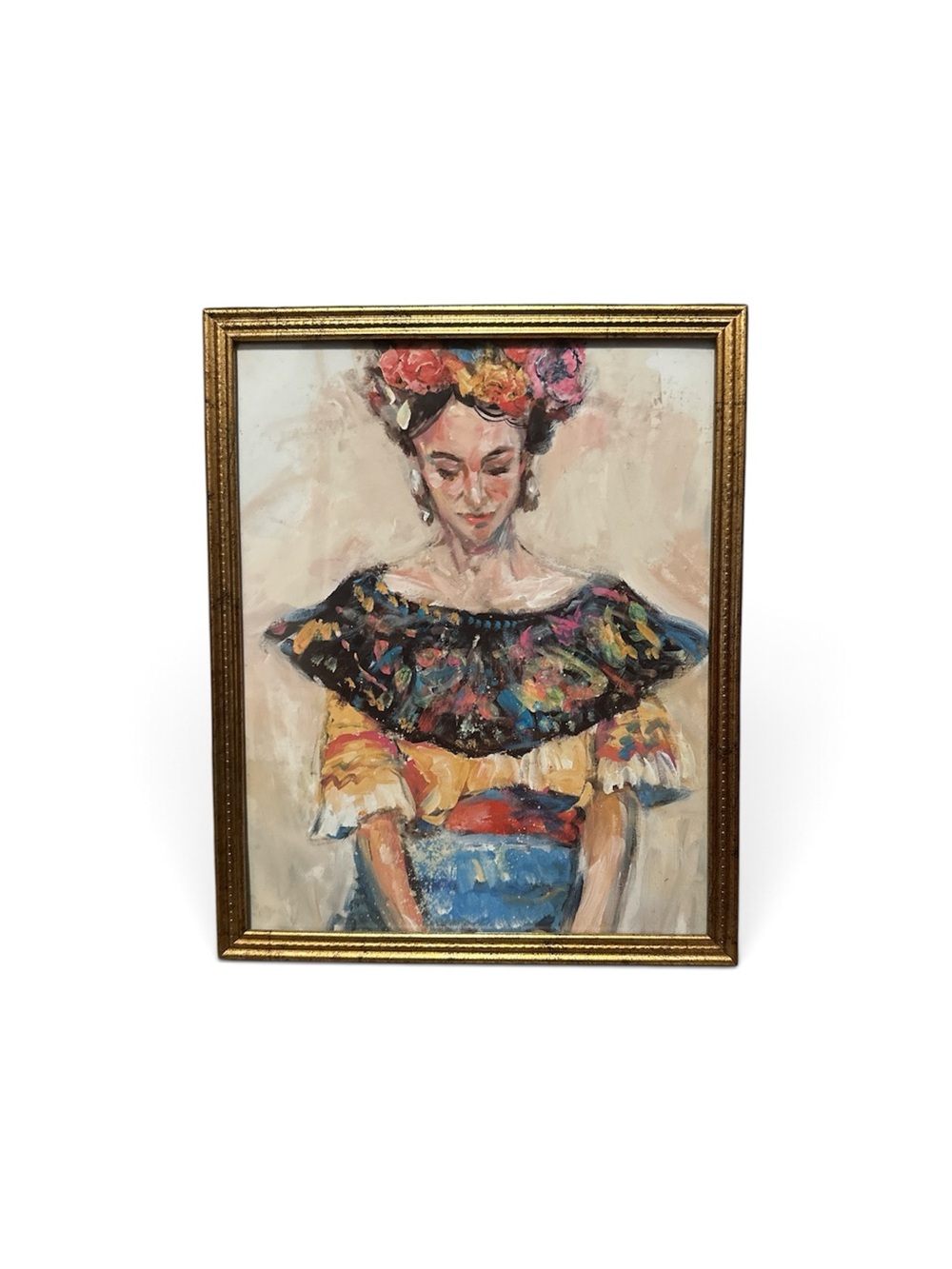 Frida-Inspired Floral Portrait Oil Painting in Multicolor